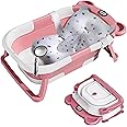 Grismire Baby Bath tub Foldable, Baby Bath Essentials Baby Bath tub Newborn to Toddler Portable Collapsible Travel Multifunctional Baby Bath Tub with Anti-Slip Mat, Drain Hole, with Thermometer Pink