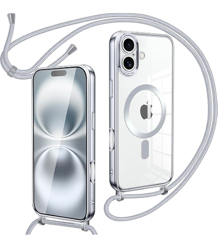 Custodia per iPhone 16 Pro Max, trasparente, con cordino per tracolla, ciondolo per cellulare, collare, cordino (viola, per iPhone 16 Pro max