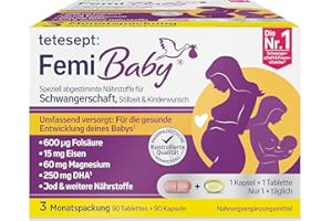 ‎TETESEPT tetesept Femi Baby – 16 Nährstoffe für Kinderwunsch, Schwangerschaft & Stillzeit – mit Folsäure, Eisen, Jod + DHA – 1 x 3 Monatspackung à 90 Tabletten + 90 Kapseln NEU