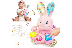 Ryotagift Baby Bilingual Musical Bunny Stuffed Animals Toys,Infant Early Learning Toy with Light-Up Music & Crinkle,Tummy Time Toys for 0 3 6 9 12+ Months for Baby Boy Girl Gift,Pink