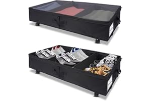 Koolkasa Caja de almacenamiento para debajo de la cama con ruedas, 2 unidades, con tapa, organizador de metales, con ventana transparente para edredones, ropa, mantas, zapatos (negro)