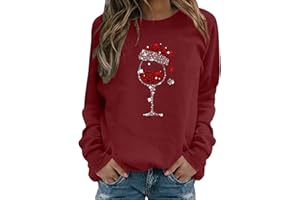 GENERIC Christmas Jumpers for Women Fashion wine glass printed women's jumpers Long Sleeve Shirts Ladies Crew Neck Sweaters long cardigans Casual Sweatshirt Tops Winter Outwear Pullover Outfits clothing