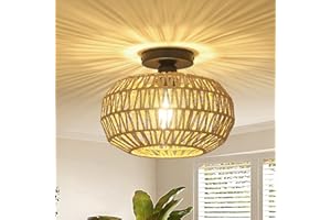 Stepeak Rattan Deckenlampe Wohnzimmer, Vintage Boho Deckenleuchte mit Rattan Lampenschirm, Semi-Flush Mount Deckenleuchte Bambus, Rustikal Hängelampe für Schlafzimmer Küche Flur Esstisch, Schwarz