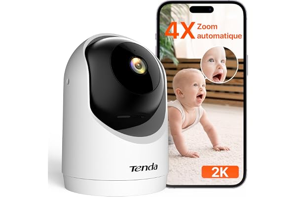 Tenda Caméra Surveillance WiFi Intérieure 2K, WiFi 6 360° pour Bébé/Animaux, 3MP Détection Humaine AI, Suivi Mouvement, Vision Nocturne, Audio Bidirectionnel, sans Abonnement