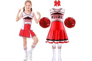 PIXUYE Déguisement Pompom Girl Uniforme de Pompom Girl Fille Costume de Pom-Pom Girl avec Pom Poms Chaussettes Deguisement Cheerleader pour Halloween Carnaval Mascarade, 4-14 ans