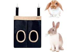Colenumone Rabbit Hay Feeder Bag for Guinea Pigs and Chinchillas | Chew Proof Washable Oxford Cloth Hay Rack, Timothy Hay Holder, Hanging Double Hole Black Oxford Cloth