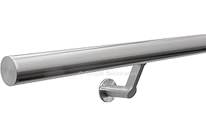 Seagull Balustrades Stainless Steel Handrail for Stairs - 320-Grit, Satin Brushed Polished - Pre-Assembled with Contemporary Wall Brackets - Select Length - Classic Plain Flat End Caps - Made in UK