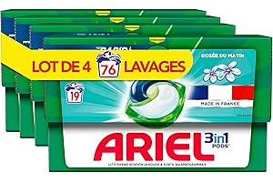 Ariel 3in1 PODS, Lessive Liquide Capsules, 76 Lavages (4x19 Tablettes), Rosée du Matin, Élimine Les Taches Incrustées, Même Après 7 Jours, Impeccable Même En Cycle Court Et À Froid, Fabriqué En France