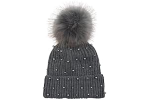 styleBREAKER Damen Strick Bommelmütze mit Perlen und Fleece Futter, warme Winter Fellbommel Mütze, Fake Fur 04024155
