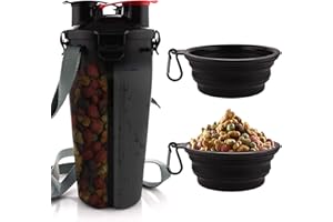 MATT SAGA Hund Trinkflasche und Futterflasche 2-in-1 mit 2 Faltbar Hunde Reisenapf Tragbare Hundewasserschüsseln zum Gehen, Wandern & Reisen (schwarz)