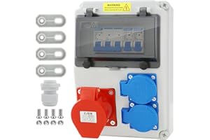 VELPAX Distribuidor de Corriente 220V/16A para Obras - Tablero Eléctrico Impermeable para Exteriores con Enchufe Combinado - Caja Resistente a la Intemperie para Uso en Construcción y Talleres
