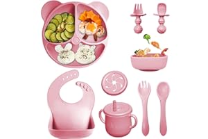 FAUXPONT Vajilla Bebe de Silicona 9 Piezas, Vajilla para Bebés Con Ventosa, Sin BPA,Antideslizante, Apto para Lavavajillas y Microondas, Con Plato Cuenco Babero Taza 2 Tapas 2 Tenedor y 2 Cuchara (Rosa Oscuro)