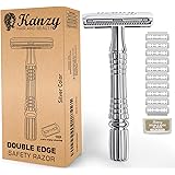 Kanzy Rasoio di Sicurezza a Doppio Filo per Barba con 10 lame Rasoio Manuale Classico Manico Cromato Safety Razor