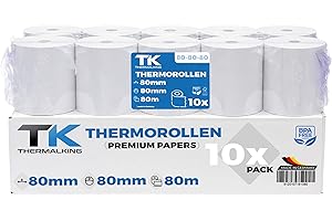 ‎TK THERMALKING Pack of 10 Premium Thermal Rolls 80 mm x 80 mm x 12 mm - Thermal Paper Receipt Rolls (80 80 12) - Certified for Cash Printers such as IBM, Metapace and much more