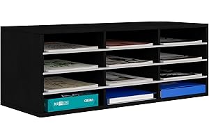 EasyPAG Wood Desktop 4 Tier 12 Compartments A4 Filing Tray Office Desk Tidy Mail Sorter File Holder Paper Organiser Magazine Storage Rack,Black