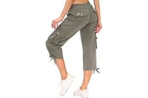 MoFiz Women's Relaxed-Fit Capri Pants 3/4 Length Cropped Trousers Hiking Joggers Workout Lounge Pants with Cargo Pockets