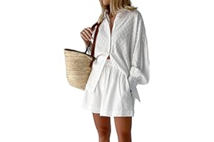 Yassiglia Women's Summer 2Pcs Outfit Sets Long Sleeve Lapel Button Down Shirt + Wide Leg Shorts Streetwear Loungewear