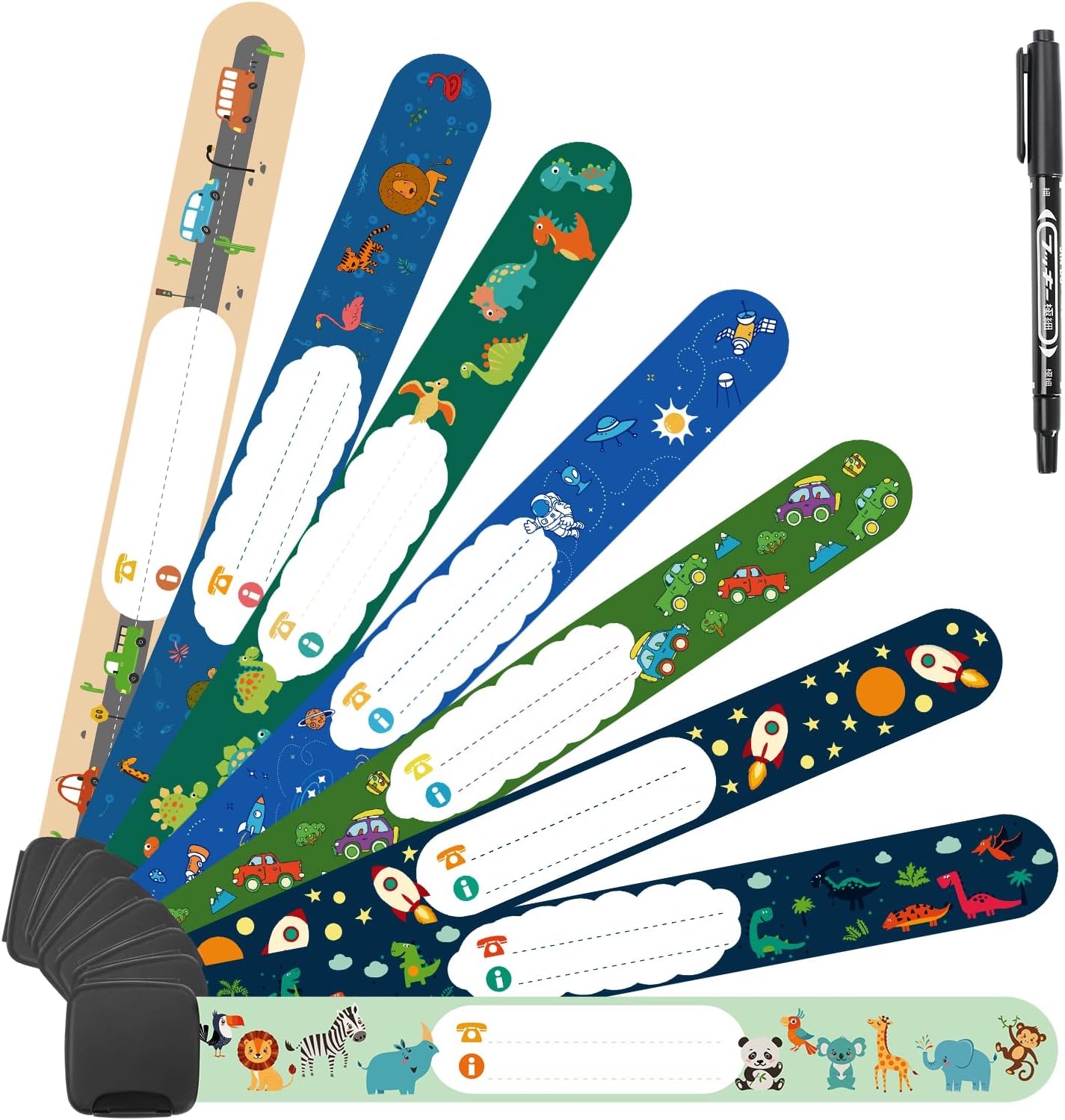 Vicloon Pulsera Identificativa Niños + Marcador, 8 piezas Pulsera Seguridad Anti perdida Pulsera de Emergencia Impermeable Reutilizable para Niños Niñas Bebé Arneses de seguridad Bebé