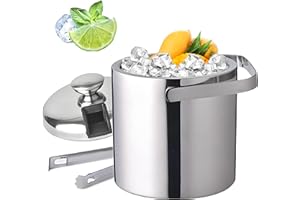 DHQCQL Eiskübel 1.3L, Edelstahl Eiswürfelkühler mit Luftdichtem Deckel Sieb und Eiszange, Doppelwandig Isoliert Eisbehälter für Eiswürfel, Edelstahl Eiseimer für Sekt, Cocktailbar, Parties & Outdoor