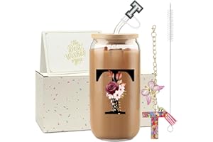ZIOSINM ZIOISNM A-Z Lettre Verre avec Paille 500 ml Verre Matcha avec Couvercle Cadeau Femme Idéal Cadeau Femme Anniversaire Noël ou Saint-Valentin pour Épouse Mère ou Couple (T)