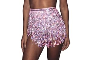 Bufenia Damen Bauchtanz Hüftrock Quaste Pailletten Hüftschal Riemchen Wrap Rave Röcke Halloween Kostüm Club Festival