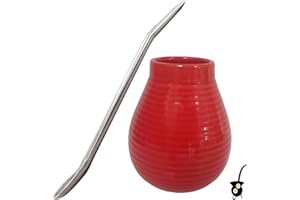 Gaucho Bruno Yerba Mate - Ensemble de Gourde et Paille - Tasse en Céramique, Paille Bombilla en Acier Inoxydable - Kit pour Boisson Maté Bio et Réutilisable – Maison et Voyage – 400ml - Rouge