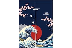 LIGICKY Japanese Noren Doorway Curtain Ukiyoe Hokusai The Great Wave Off Kanagawa Sun Cherry Blossoms Printed Window Treatment Door Tapestry for Home Restaurant Decoration 85 x 120 cm, Blue