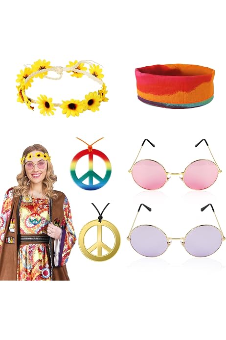 Hippie Kostüm Set – 4-teiliges Accessoire-Set Mit Sonnenbrille, Halskette & Stirnband