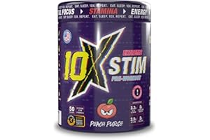 10X Athletic Stim Pre Workout Beta Alanine High Caffeine Creatine Sugar Free Vegan Low Calorie Various Flavours 600g 25/50 Servings (Peach Purge)