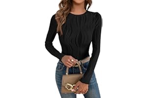 GLEENOD T-Shirt pour Femme à col Rond Haut Décontracté en Maille Extensible Motif Ondulé Y2K Basic Tops