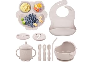 BNDITEU Baby Weaning Set, Silicone Baby Feeding Set(10 Pcs), Toddler Weaning Set with Adjustable Bib, Suction Bowl, Plate, Fork, Spoon, Water & Snack Cup Kit for Babies, Toddler and Kids