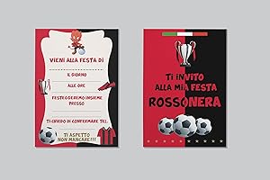 PRINTSERVIS Inviti Festa Compleanno Calcio 20 Biglietti Premium 350 gr per Bimbi, 95x150mm - Il Tuo Goal per una Festa Indimenticabile! (Rosso e nero)