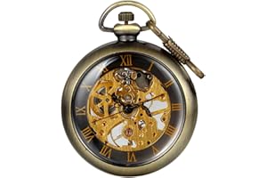 JewelryWe Montre de Poche Gousset Homme Transparente Creux Squelette Mécanique Manuel Romain Chiffre Alliage Couleur Bronze avec Sac Cadeau