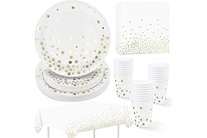 ZVK Stoviglie per Feste Bianco Con Lamina d'Oro - 97 Pezzi Piatti, Tovaglioli, Bicchieri di Carta, Tovaglia Monouso - Decorazioni da Tavola