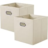 powerking Fabric Storage Box, 2-Piece Foldable Fabric Storage Box Drawer with Metal Handles for Closets and Toys, Beige