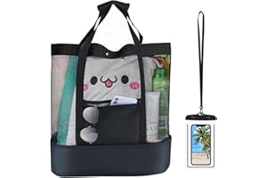 BOOAEE Borsa Mare Impermeabile, Borsa Spiaggia Grande, Borsa a Rete per Giocattoli da Spiaggia, Borsa Spesa Pieghevole, Borsa Rete Mare con Borsa Impermeabile, Borsa Mare per Famiglia Vacanze Estive(Nero)