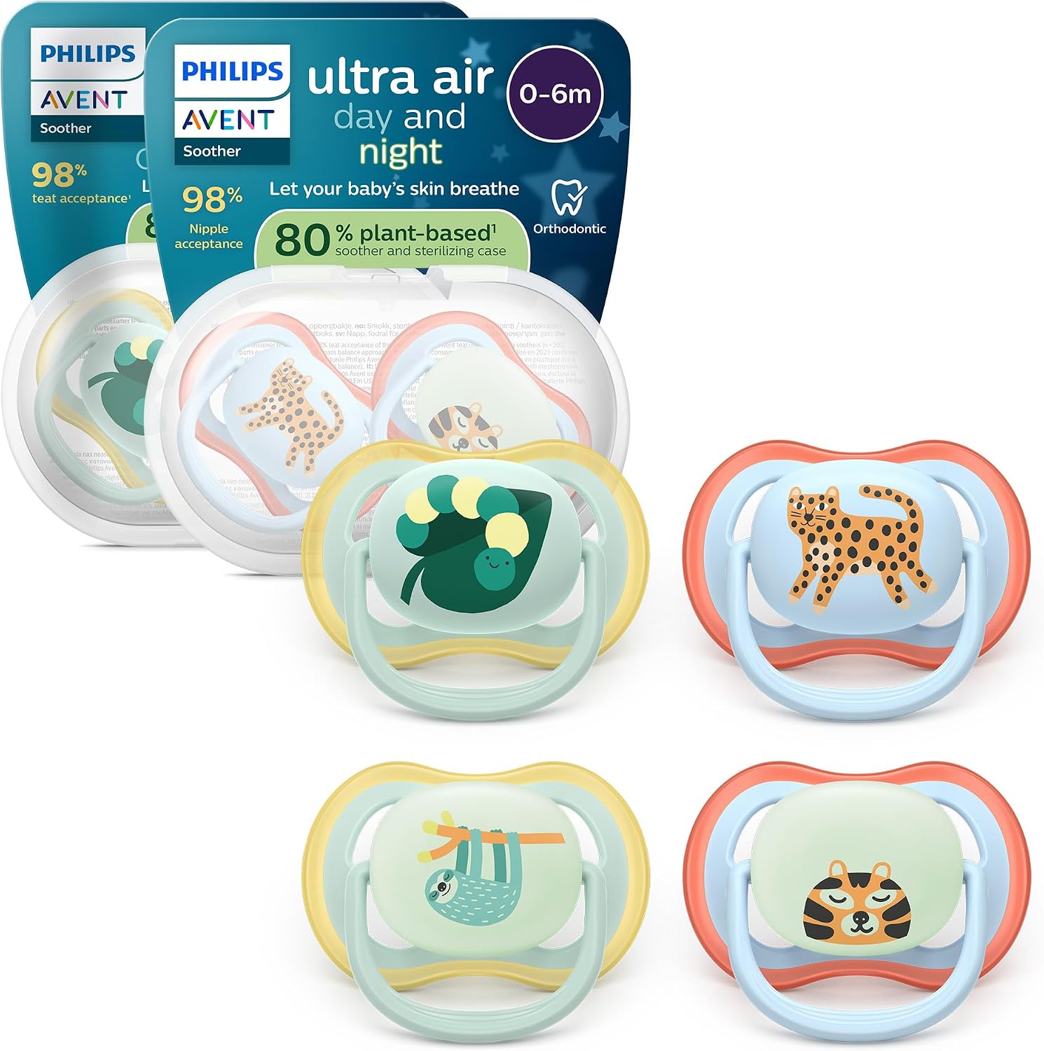 Philips Avent Day & Night Sucettes ultra air - Orthodontiques, pour bébés de 0 à 6 mois, version phosphorescente, tétine symétrique en silicone souple, sans BPA, lot de 4, SCF087/22