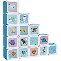Armoire Rangement Enfant 12 Cubes Avec Tringles - Meuble Modulaire Motif Espace - 109x37x145 Cm - Blanc/Rose - 8