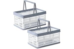 Nizirioo - Scatola pieghevole in plastica, pieghevole, 2 pezzi, cestino per la spesa, pieghevole, in plastica, con manico, cestino per la casa, picnic, supermercati, 30 x 20 x 15 cm