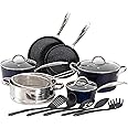 Kitchen Academy 15 Pieces Non-Stick Cookware Set, Nonstick Induction Granite-Coated Pot Pan Set, Includes Lids, Frying and Pans Accessories - Aluminium Hammered Blue