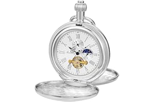 Tiong Reloj de Bolsillo mecánico de Doble Cubierta para Hombre, Reloj de Bolsillo mecánico de Cadena de Esfera con diseño de luz de Luna Romana, Caja para Hombre