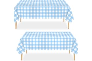 ATBEAMEN 2pack Blue Gingham Checkered Table Cloth Party,137*274cm Wipe Clean Checkered PVC TableCloth Plaid Tablecloth Rectangular Light Blue Disposable Table Cover for Parties BBQ Picnic Birthday Wedding
