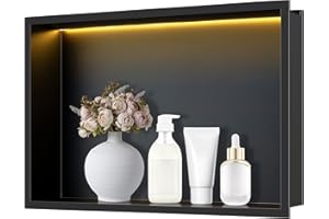 FTL LED Shower Niche 45 x 30 cm,Matte Black Stainless Steel Shower Niche with 3000K Non-Dimmable LED Light,No Tile Needed Recessed LED Bathroom Wall Niche Waterproof,Lighted Niche for Shower Wall