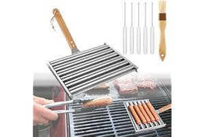 LASUROA Hot Dog Roller for Grill, 9.5x7.3in Stainless Steel Hotdog Roller BBQ Sausage Roller Rack with Wooden Handle BBQ Skewers Brush 5 Hot Dog Capacity for Evenly Cooking Hot Dogs Sausages