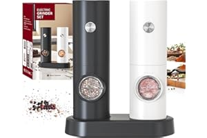 CIRCLE JOY Ensemble de Moulin à Poivre Électrique Deux Moulins à Sel à Piles avec Base, Lumière LED Blanche et Grossièreté Réglable, Noir Blanc