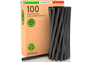 BACIATO CAFFÈ 100 pailles géantes écologiques 100% rigides en bioplastique 15cm x 8mm biodégradables compostables réutilisables fabriquées en Italie idéales pour les boissons les cocktails les fêtes Couleur noire