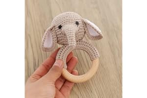 YIEUR Gehäkelte Babyrassel，grau Elefant baby Häkeln Holz Greifling, Baby Sachen Beißring Geschenk zur Geburt Holzring, Holzspielzeug Handmade Junge und Mädchen (Elefant)