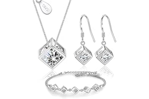 Crystalina Juego de Joyas de Plata 925 para Mujer - Conjunto de Collar, Pendientes y Pulsera con Circonitas - Regalos Originales (Cubo)