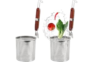 Granvoo 2 Stück Nudelsieb aus Edelstahl, Abseihlöffel mit Langem Holzgriff, Nudelkorb, Spaghetti Portionierer, Küchensieb, Tiefes Sieb, Siebkelle, Kochsieb, Durchmesser 14 cm