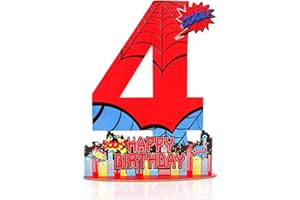 SAVITA Spider 4th Birthday Number Sign Centerpiece, Cool Wooden Number 4 Stand Sign Spider Theme Happy Birthday Table Decor Supplies for Birthdays Party Decorations Photo Props